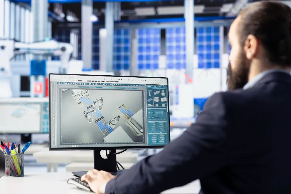 Professional C-Bus Diagnostics Audit showing a suited person working on 3D factory design in a bright office.
