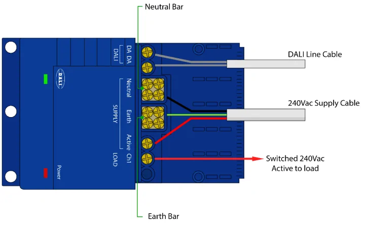 Wiring diagram of a DALI driver showing neutral and earth bars, 240V supply, and switched load connections.