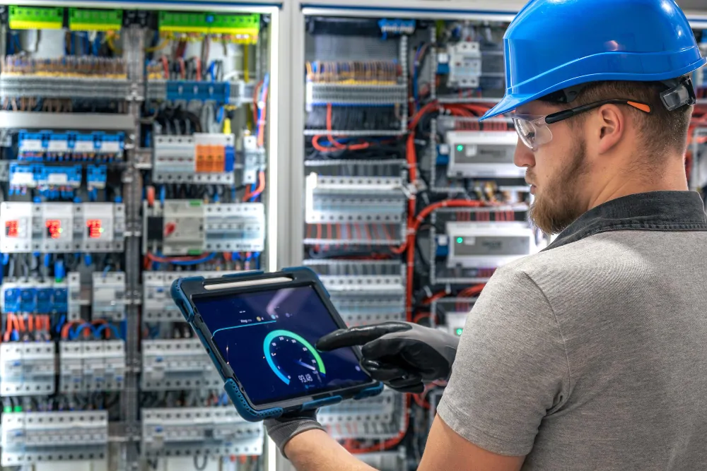 Engineer performing KNX repair and diagnostics on a home automation control panel